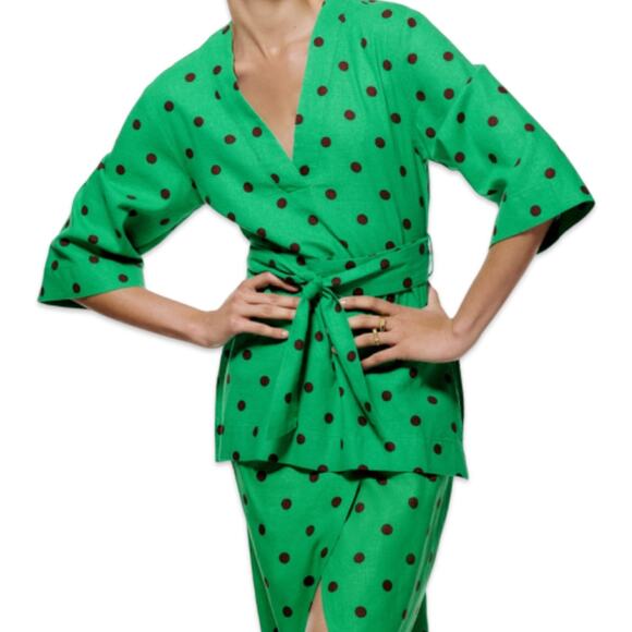 Zara Green Brown Polka Dot Midi Skirt Half Sleeve Top Set size S Blogger Fave - Picture 12 of 16